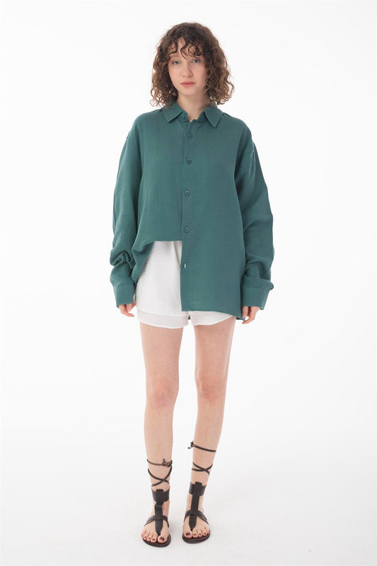 R-6048 Unisex Cotton Muslin Shirt in Petrol Green - Oversized Long Sleeve with Back Yoke Detail