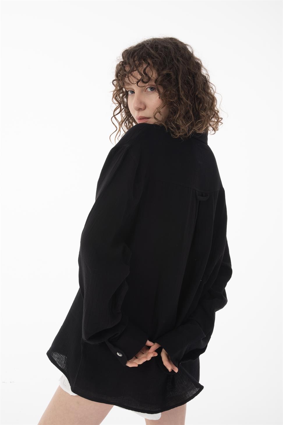 R-6048 Unisex Loose Cotton Muslin Shirt - Breathable, Soft Touch, Relaxed Casual Look Black