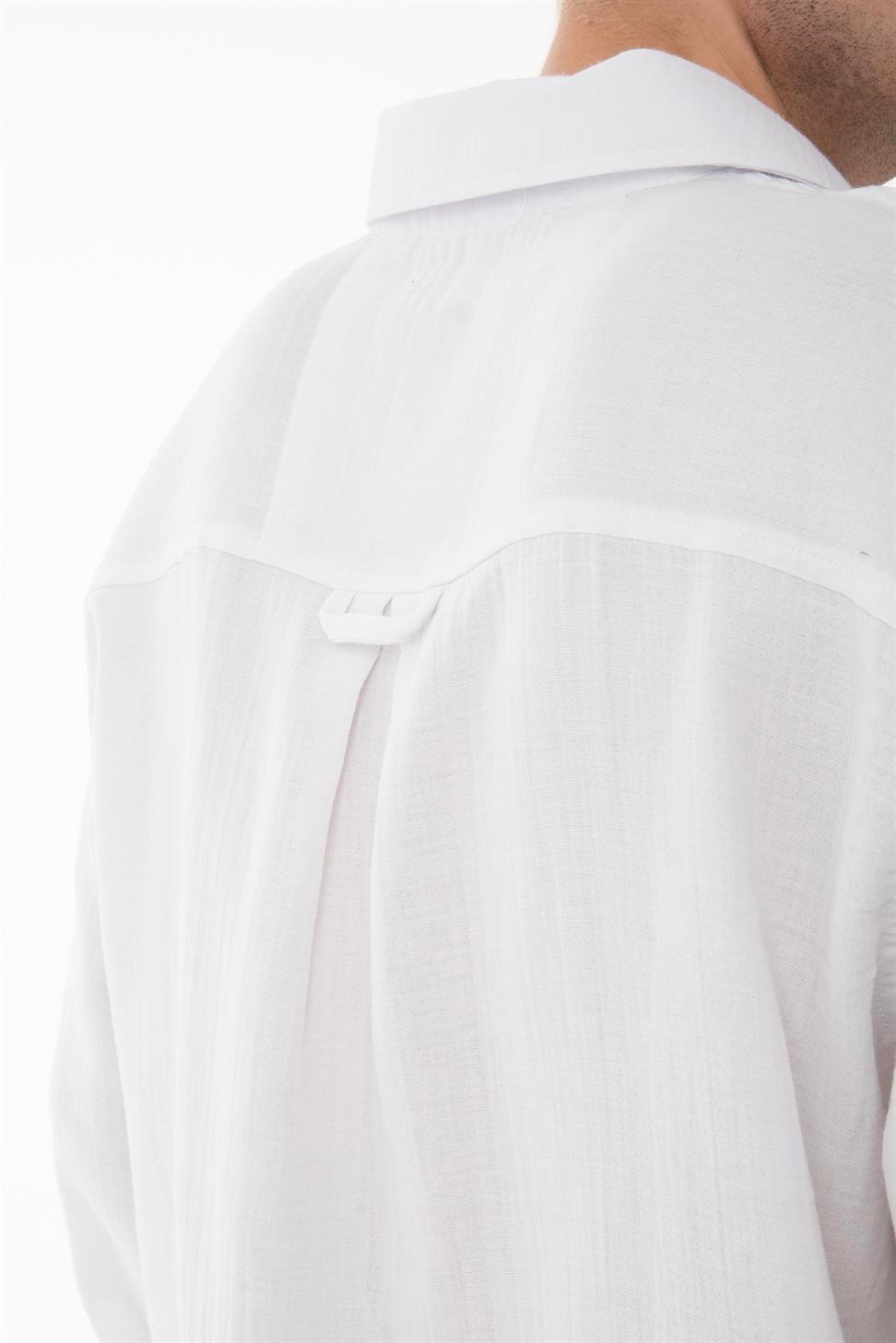 R-6048 Unisex White Cotton Muslin Shirt - Classic Long Sleeve with Back Yoke Detail