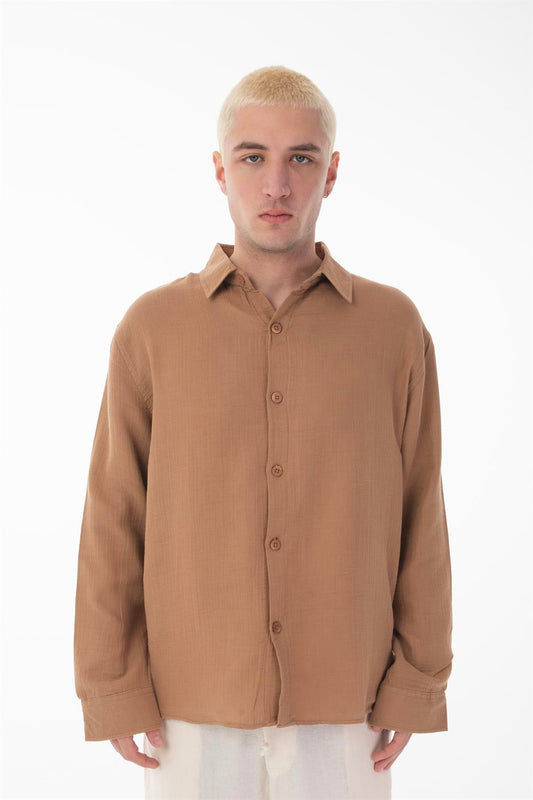 R-6048 Unisex Vizon Cotton Muslin Shirt - Modern Stand Collar, Long Sleeve Design