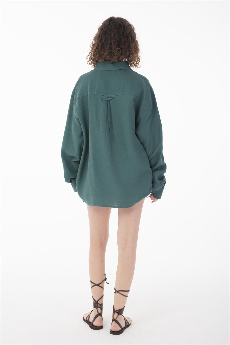 R-6048 Unisex Cotton Muslin Shirt in Petrol Green - Oversized Long Sleeve with Back Yoke Detail