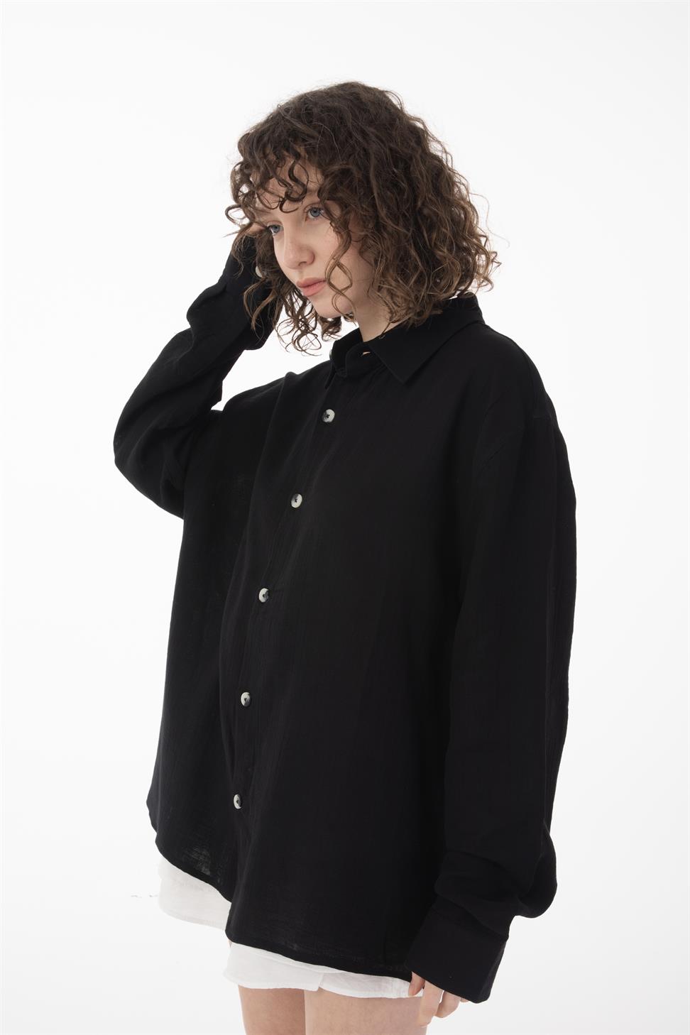 R-6048 Unisex Loose Cotton Muslin Shirt - Breathable, Soft Touch, Relaxed Casual Look Black