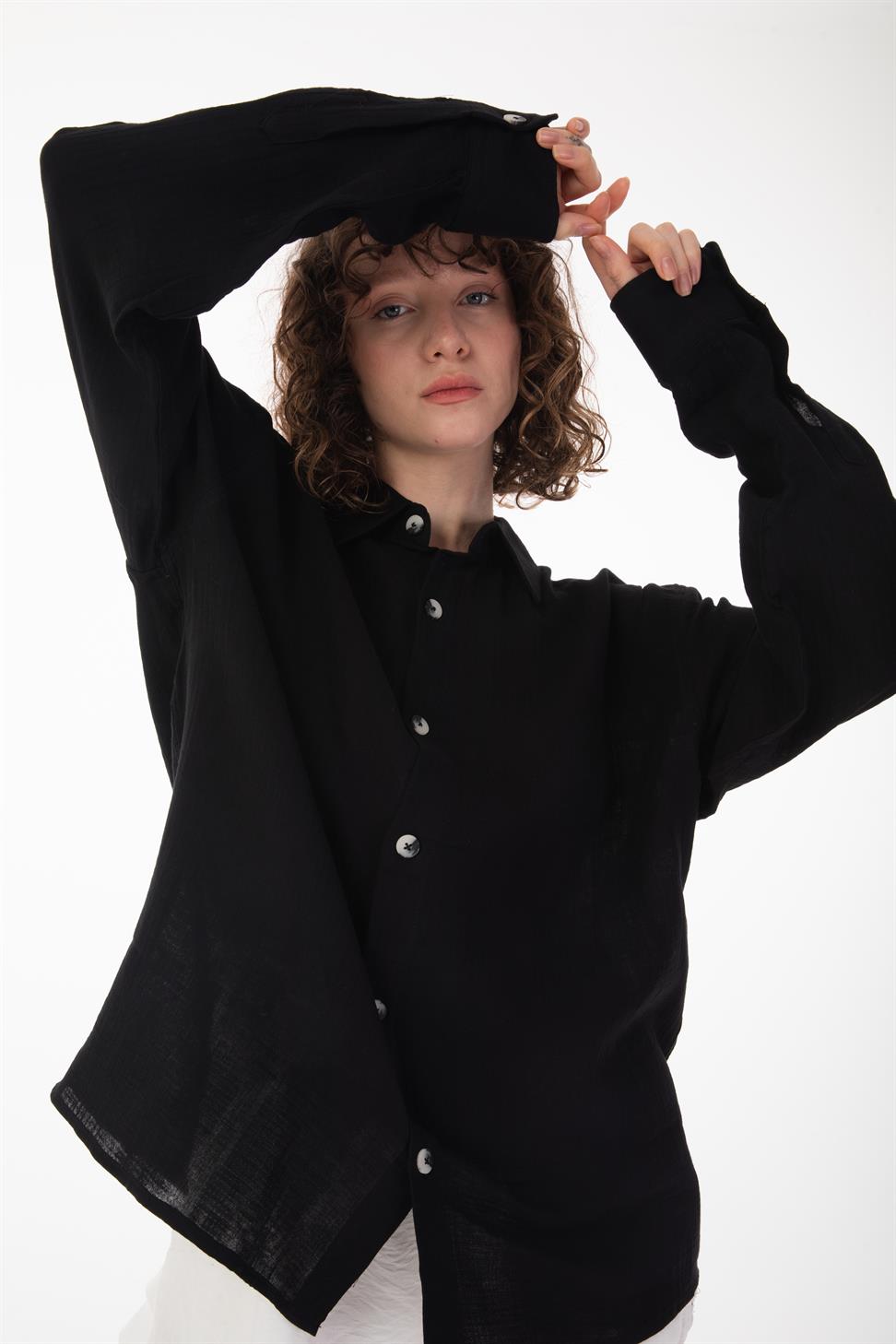 R-6048 Unisex Loose Cotton Muslin Shirt - Breathable, Soft Touch, Relaxed Casual Look Black