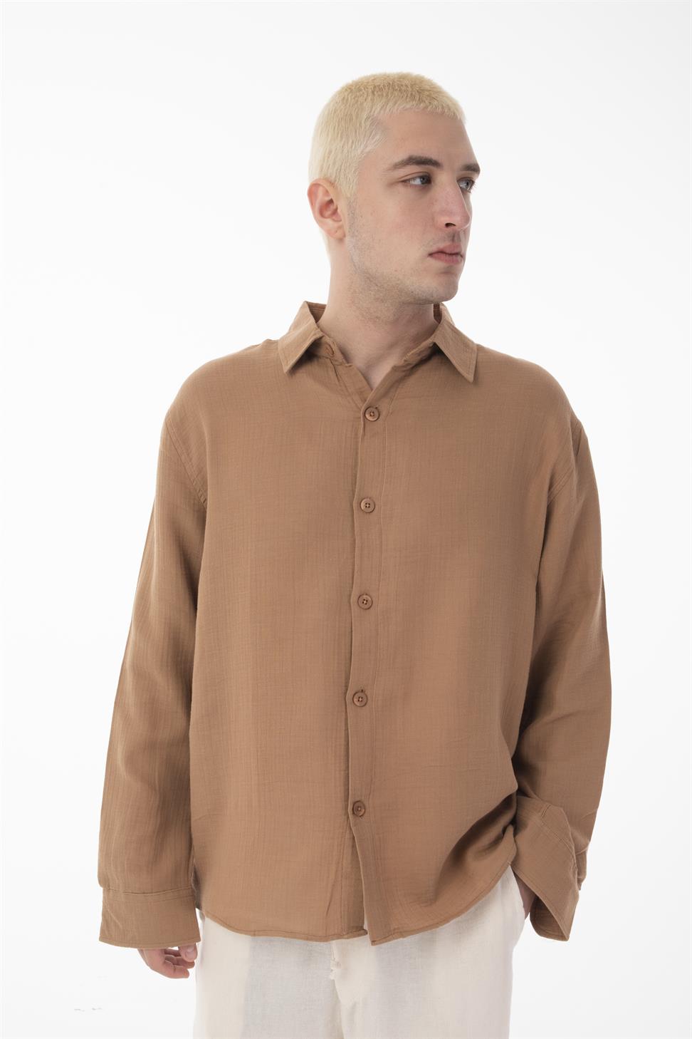 R-6048 Unisex Vizon Cotton Muslin Shirt - Modern Stand Collar, Long Sleeve Design