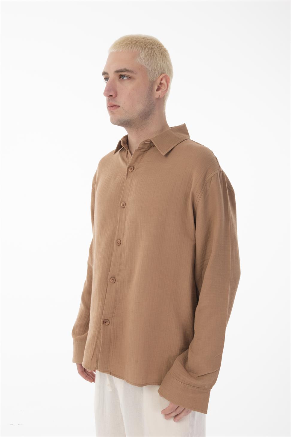 R-6048 Unisex Vizon Cotton Muslin Shirt - Modern Stand Collar, Long Sleeve Design