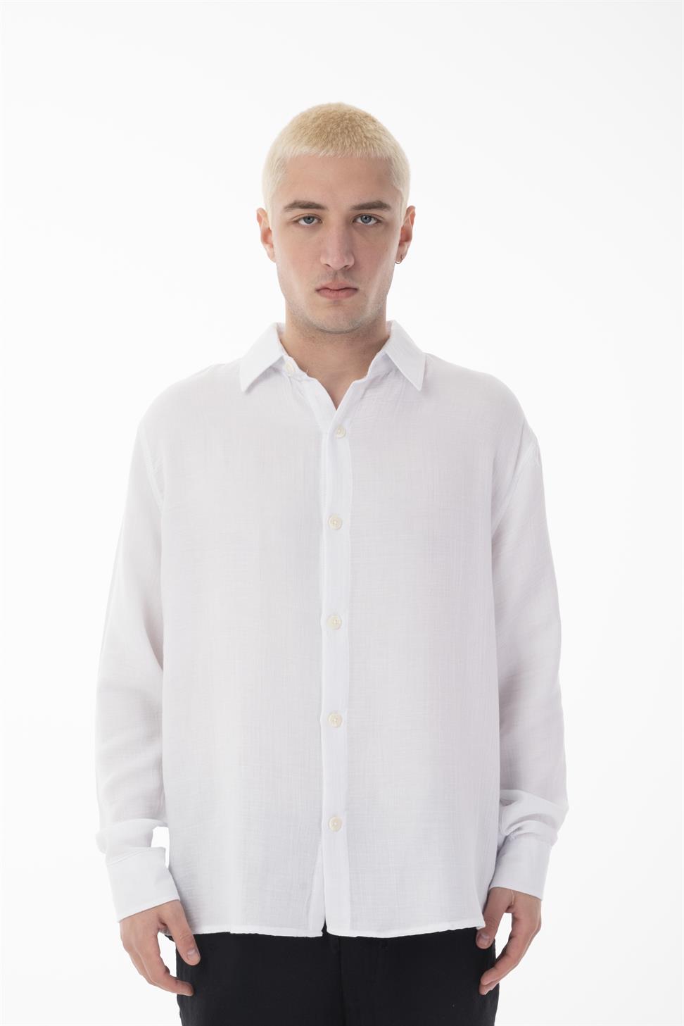 R-6048 Unisex White Cotton Muslin Shirt - Classic Long Sleeve with Back Yoke Detail