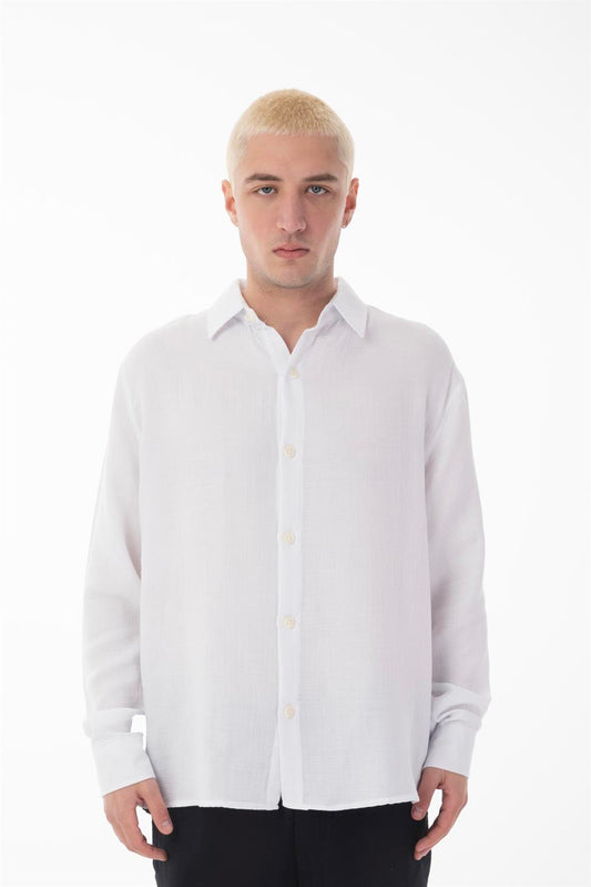 R-6048 Unisex White Cotton Muslin Shirt - Classic Long Sleeve with Back Yoke Detail