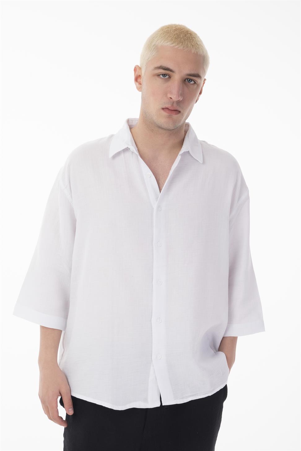 R-6049 Men’s 100% Cotton Muslin Shirt – Stand Collar, 3/4 Sleeve, Lightweight & Breathable