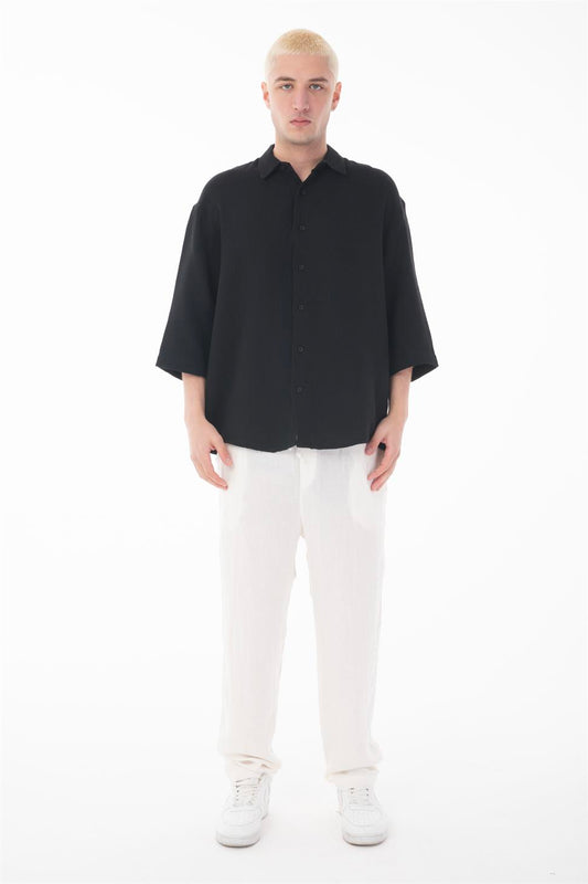 R-6049 Men’s 100% Cotton Muslin Shirt – Stand Collar, 3/4 Sleeve, Lightweight & Breathable