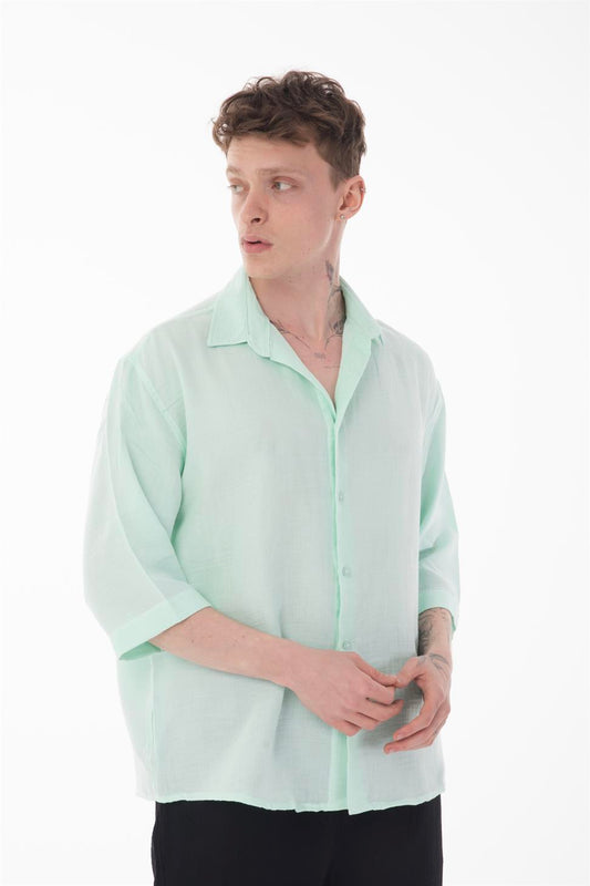 R-6049 Men’s 100% Cotton Muslin Shirt – Stand Collar, 3/4 Sleeve, Lightweight & Breathable