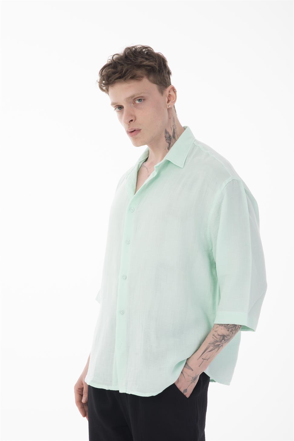 R-6049 Men’s 100% Cotton Muslin Shirt – Stand Collar, 3/4 Sleeve, Lightweight & Breathable