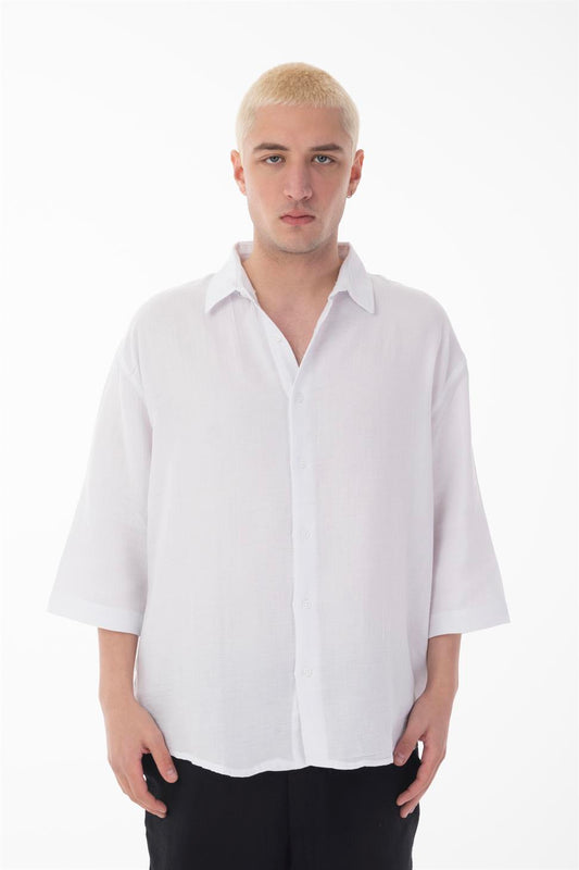 R-6049 Men’s 100% Cotton Muslin Shirt – Stand Collar, 3/4 Sleeve, Lightweight & Breathable