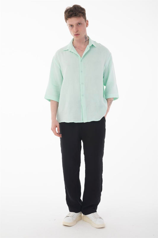 R-6049 Men’s 100% Cotton Muslin Shirt – Stand Collar, 3/4 Sleeve, Lightweight & Breathable