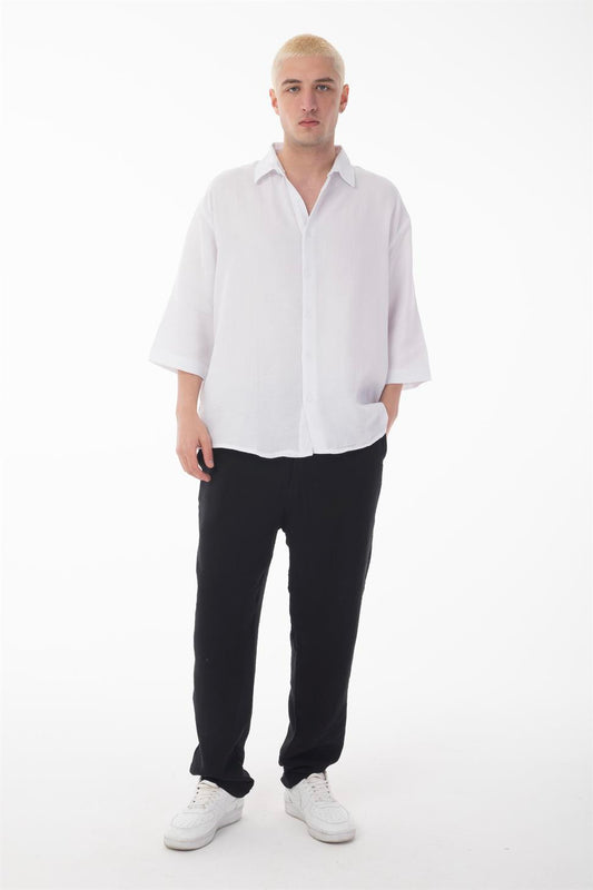 R-6049 Men’s 100% Cotton Muslin Shirt – Stand Collar, 3/4 Sleeve, Lightweight & Breathable