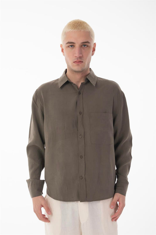 R-6050 Men’s Stand Collar Long Sleeve Shirt – Single Pocket Detail, Modal Blend Fabric (85% Modal, 15% Polyester)