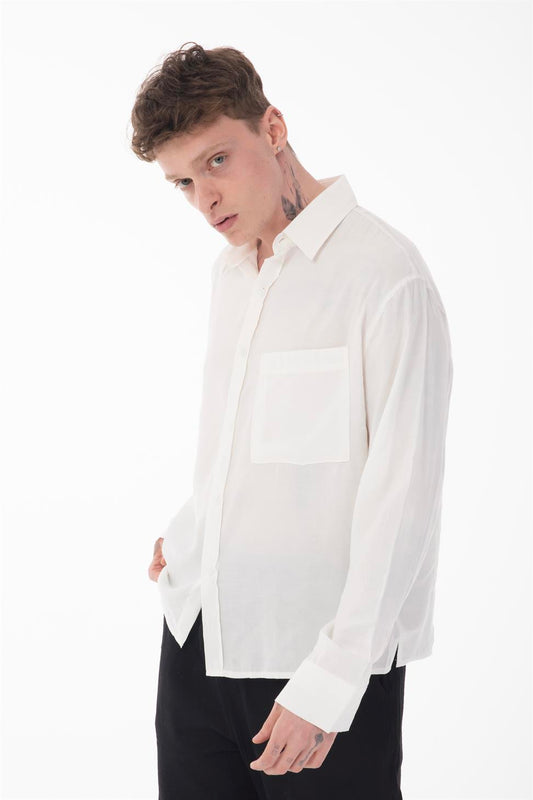 R-6050 Men’s Stand Collar Long Sleeve Shirt – Single Pocket Detail, Modal Blend Fabric (85% Modal, 15% Polyester)