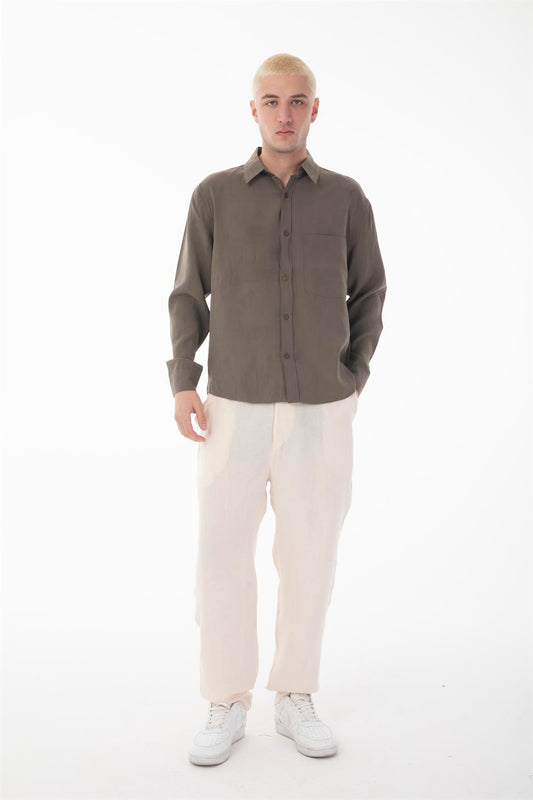R-6050 Men’s Stand Collar Long Sleeve Shirt – Single Pocket Detail, Modal Blend Fabric (85% Modal, 15% Polyester)