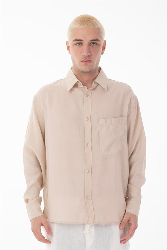 R-6050 Men’s Stand Collar Long Sleeve Shirt – Single Pocket Detail, Modal Blend Fabric (85% Modal, 15% Polyester)
