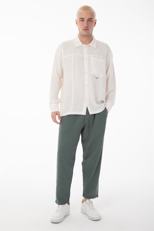 R-6052 Men’s Stand Collar Pocket Detail Long Sleeve Muslin Shirt – White