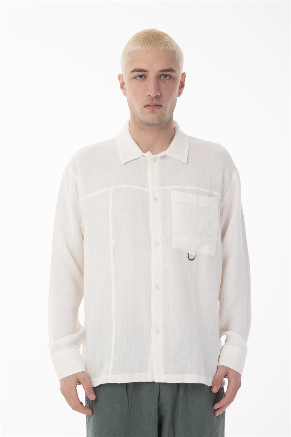 R-6052 Men’s Stand Collar Pocket Detail Long Sleeve Muslin Shirt – White