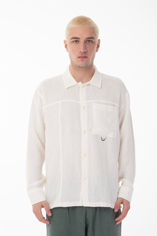 R-6052 Men’s Stand Collar Pocket Detail Long Sleeve Muslin Shirt – White