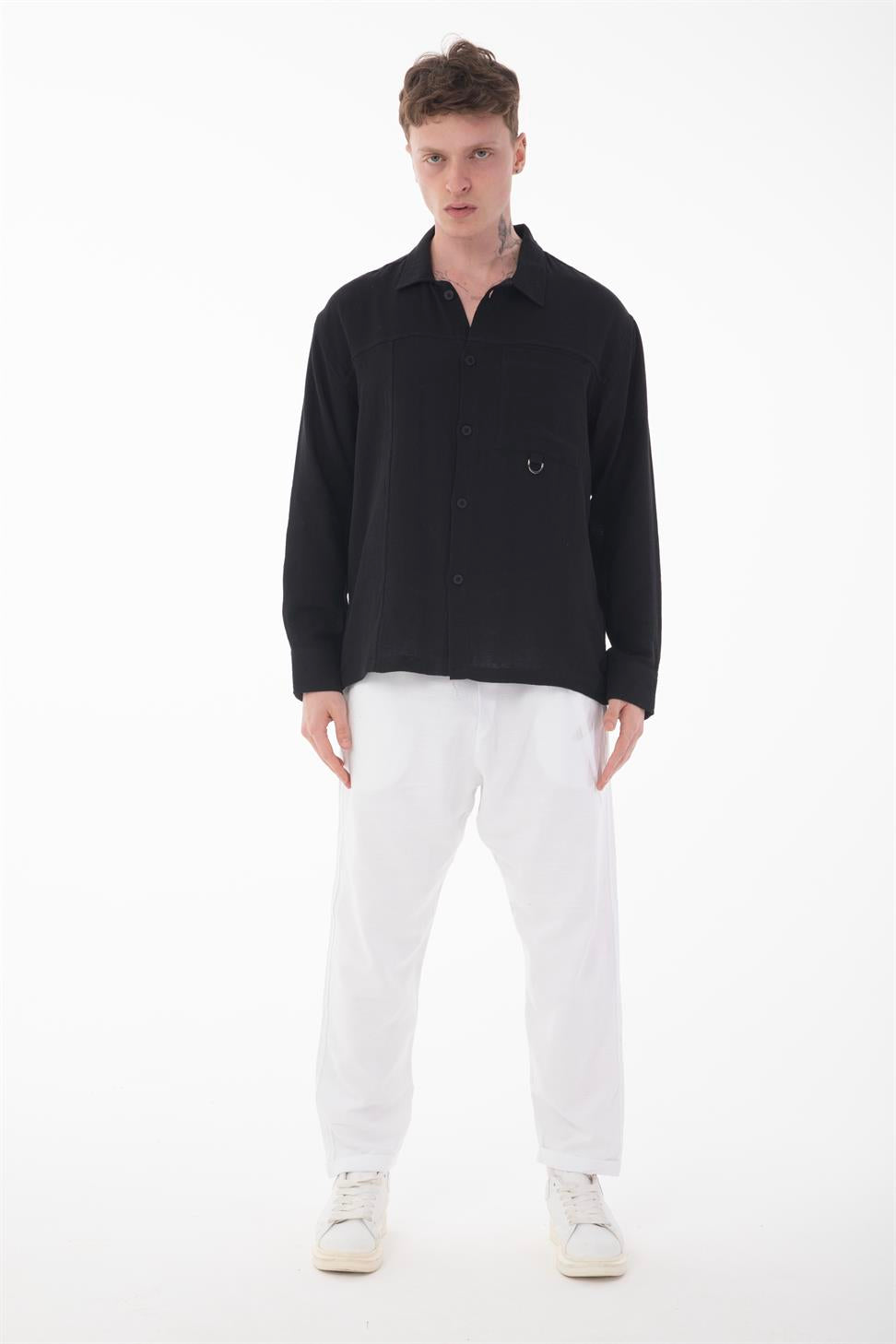 R-6052 Men’s Stand Collar Pocket Detail Long Sleeve Muslin Shirt
