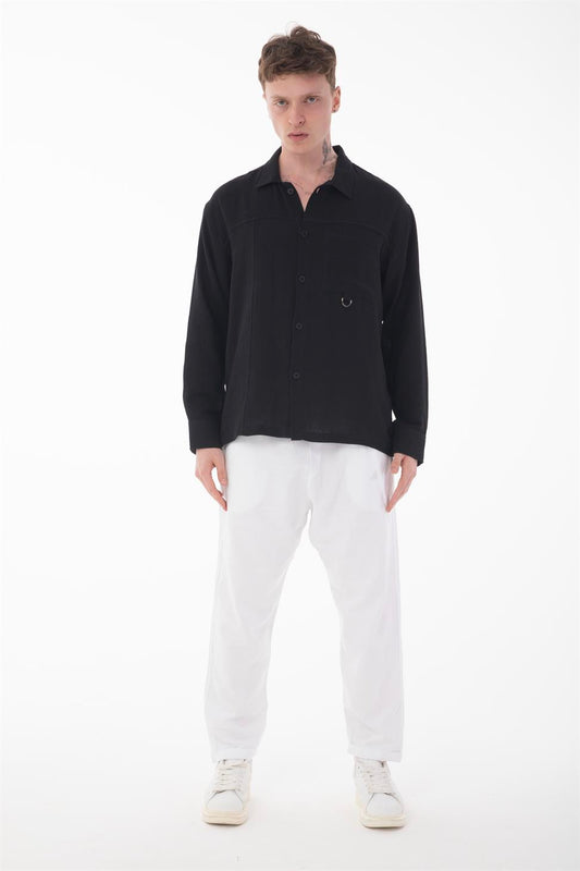 R-6052 Men’s Stand Collar Pocket Detail Long Sleeve Muslin Shirt