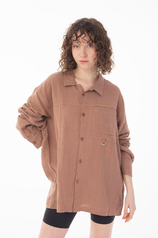 R-6052 Men’s Stand Collar Pocket Detail Long Sleeve Muslin Shirt – Vizon