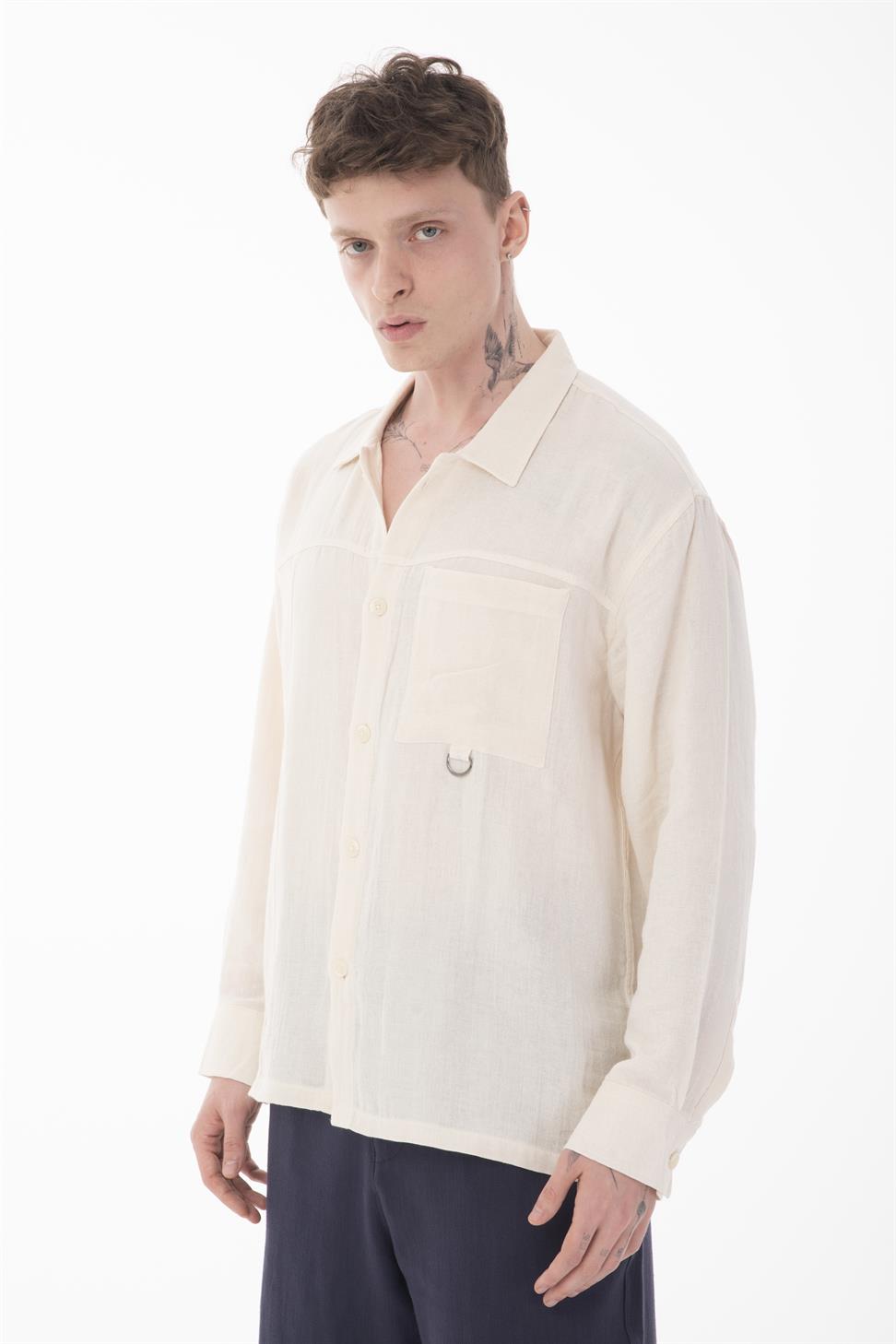 R-6052 Men’s Stand Collar Pocket Detail Long Sleeve Muslin Shirt – Beige