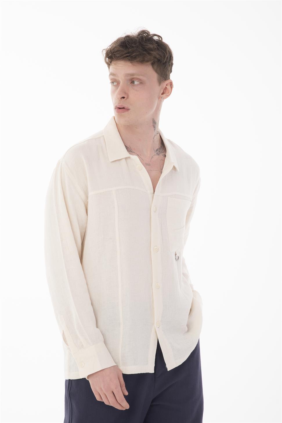 R-6052 Men’s Stand Collar Pocket Detail Long Sleeve Muslin Shirt – Beige