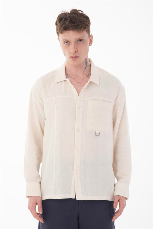 R-6052 Men’s Stand Collar Pocket Detail Long Sleeve Muslin Shirt – Beige