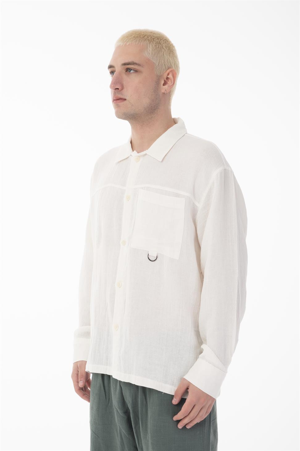 R-6052 Men’s Stand Collar Pocket Detail Long Sleeve Muslin Shirt – White