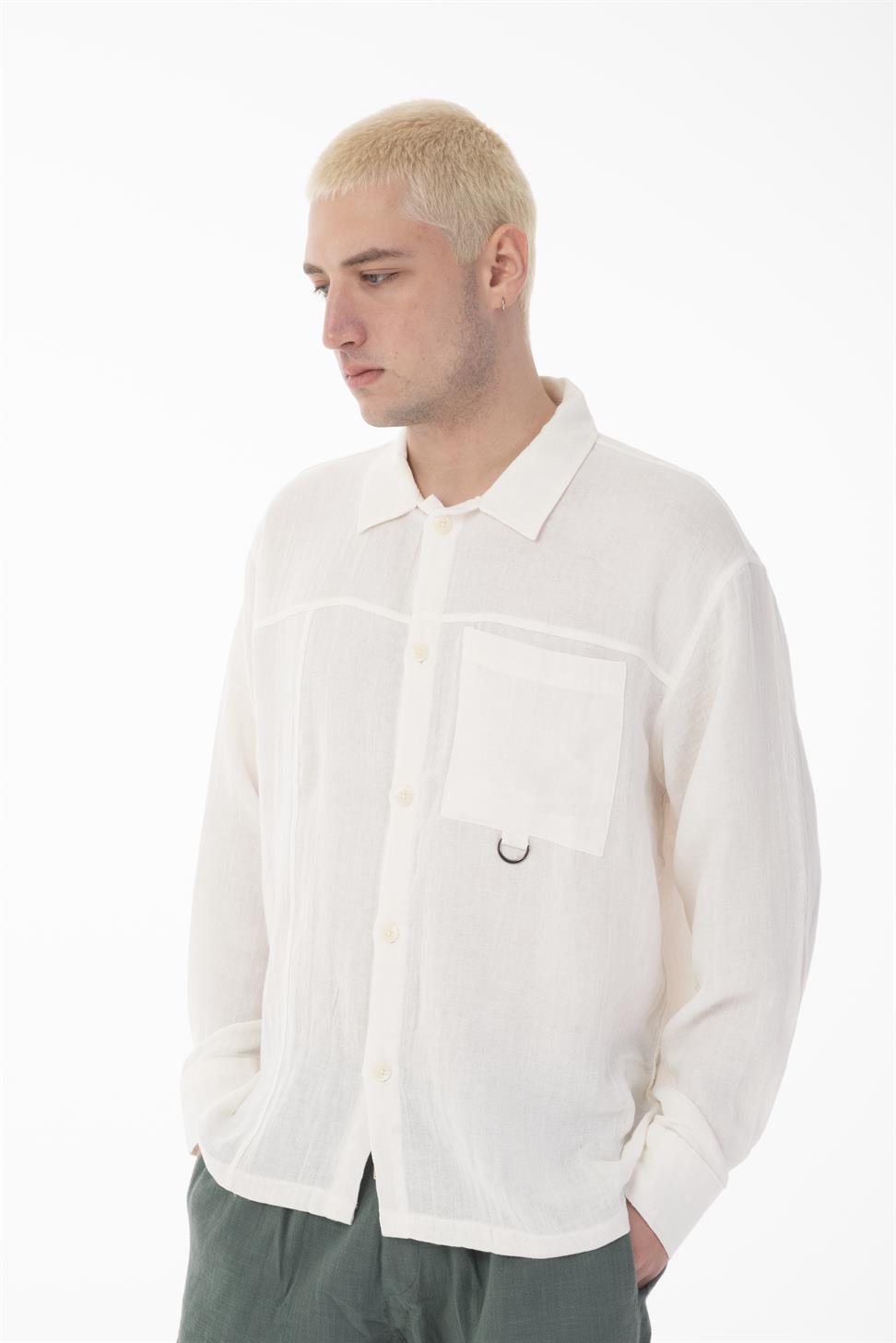 R-6052 Men’s Stand Collar Pocket Detail Long Sleeve Muslin Shirt – White
