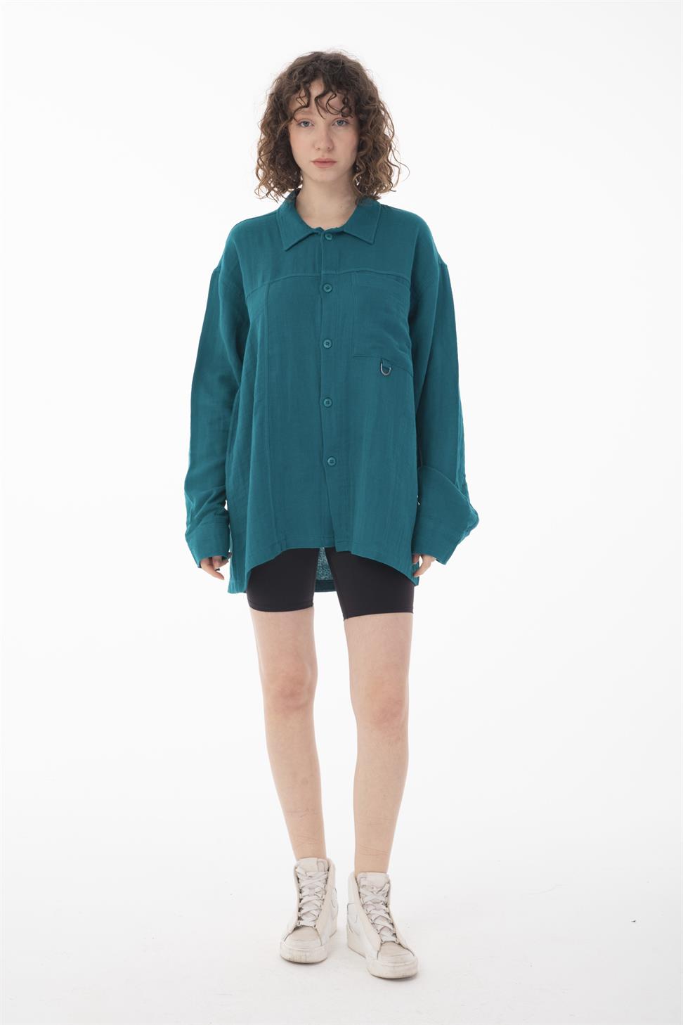 R-6052 Men’s Stand Collar Pocket Detail Long Sleeve Muslin Shirt – Green