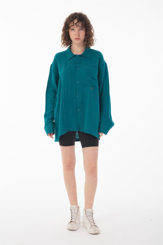R-6052 Men’s Stand Collar Pocket Detail Long Sleeve Muslin Shirt – Green