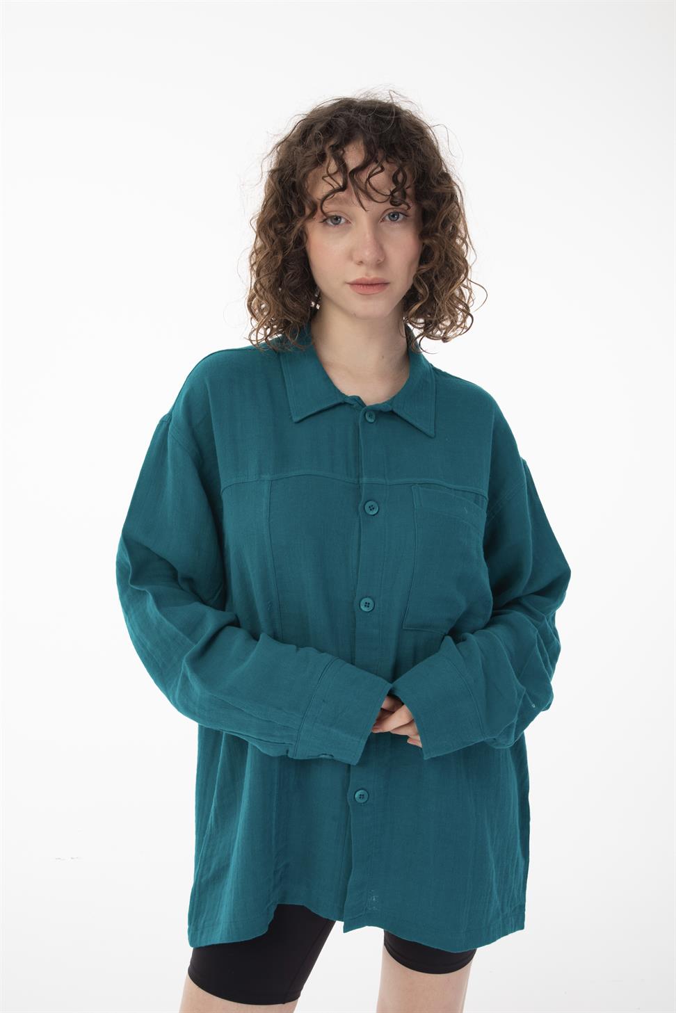 R-6052 Men’s Stand Collar Pocket Detail Long Sleeve Muslin Shirt – Green