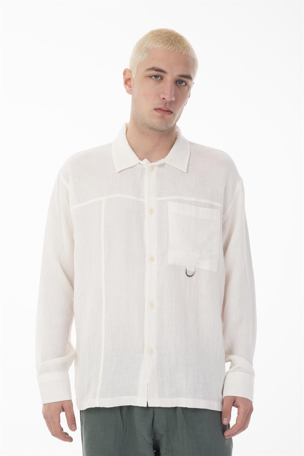 R-6052 Men’s Stand Collar Pocket Detail Long Sleeve Muslin Shirt – White