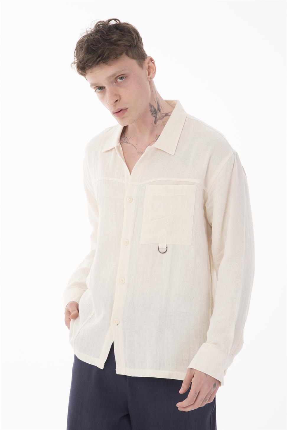 R-6052 Men’s Stand Collar Pocket Detail Long Sleeve Muslin Shirt – Beige