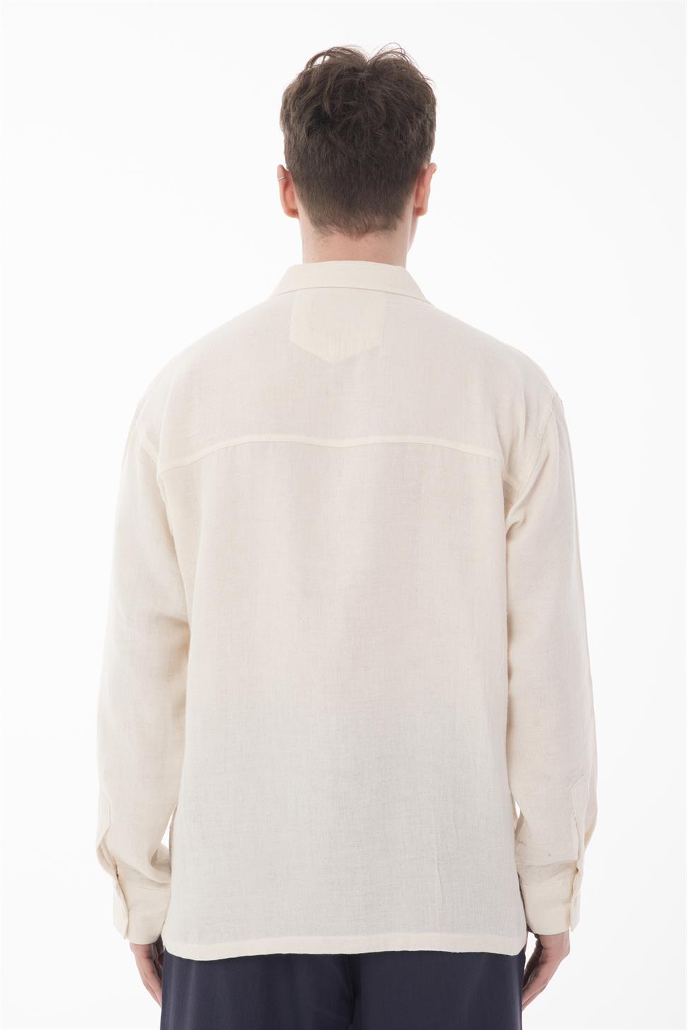 R-6052 Men’s Stand Collar Pocket Detail Long Sleeve Muslin Shirt – Beige