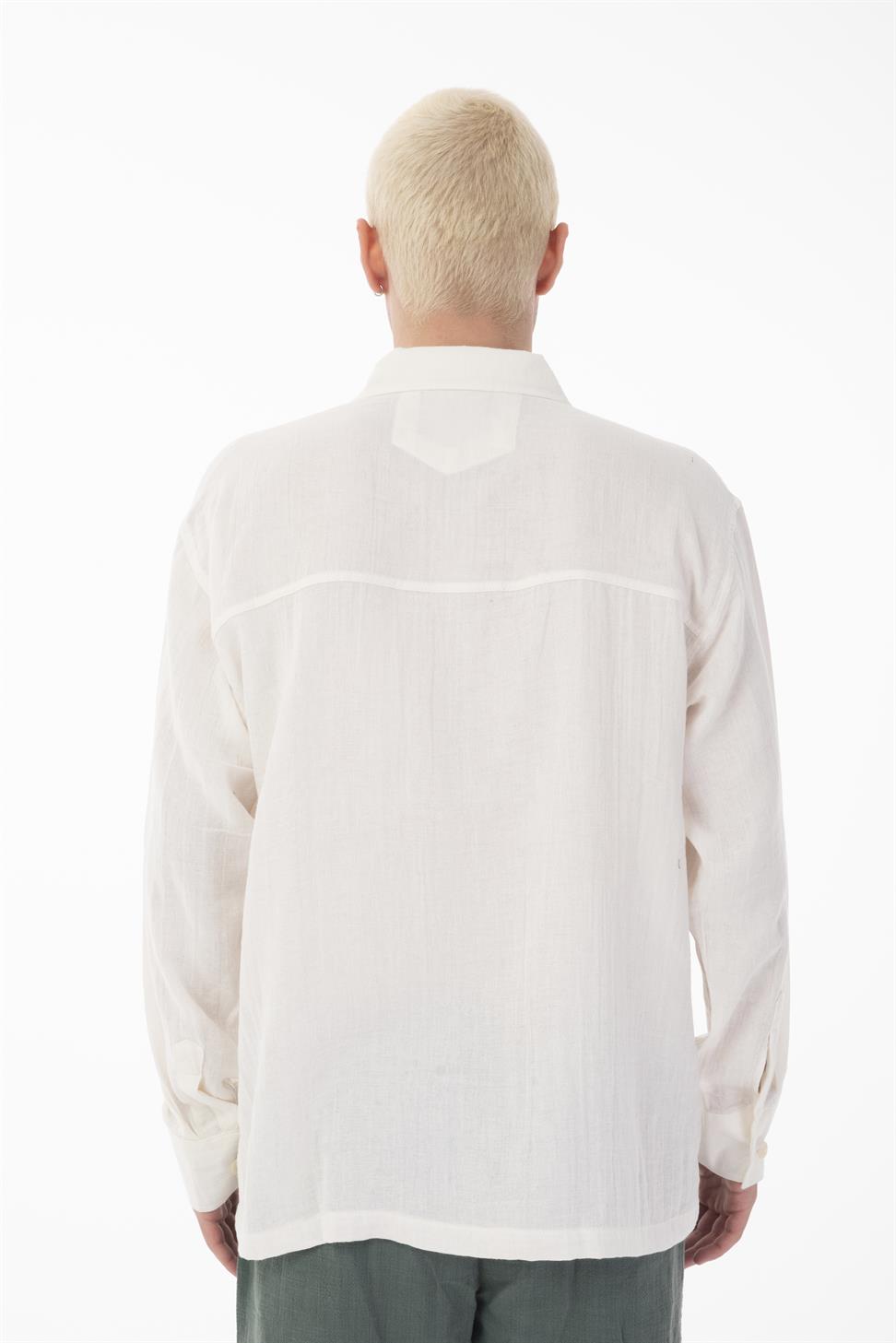 R-6052 Men’s Stand Collar Pocket Detail Long Sleeve Muslin Shirt – White