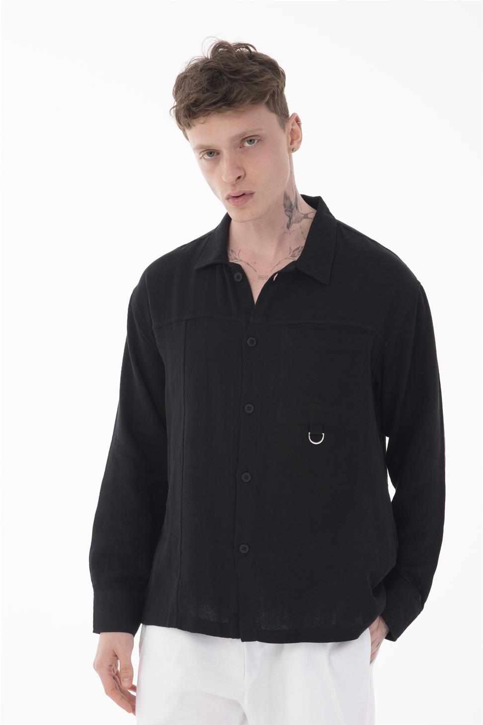 R-6052 Men’s Stand Collar Pocket Detail Long Sleeve Muslin Shirt