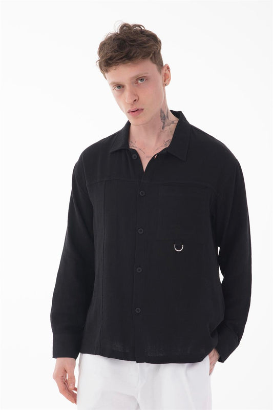R-6052 Men’s Stand Collar Pocket Detail Long Sleeve Muslin Shirt