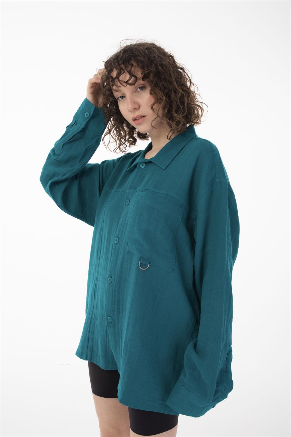 R-6052 Men’s Stand Collar Pocket Detail Long Sleeve Muslin Shirt – Green