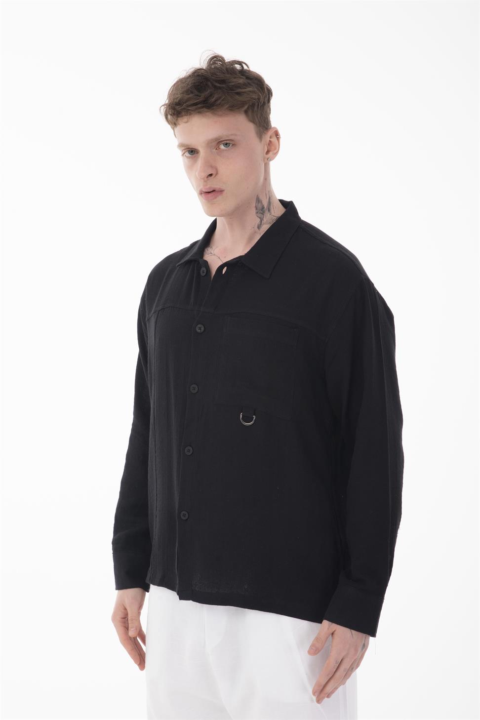 R-6052 Men’s Stand Collar Pocket Detail Long Sleeve Muslin Shirt