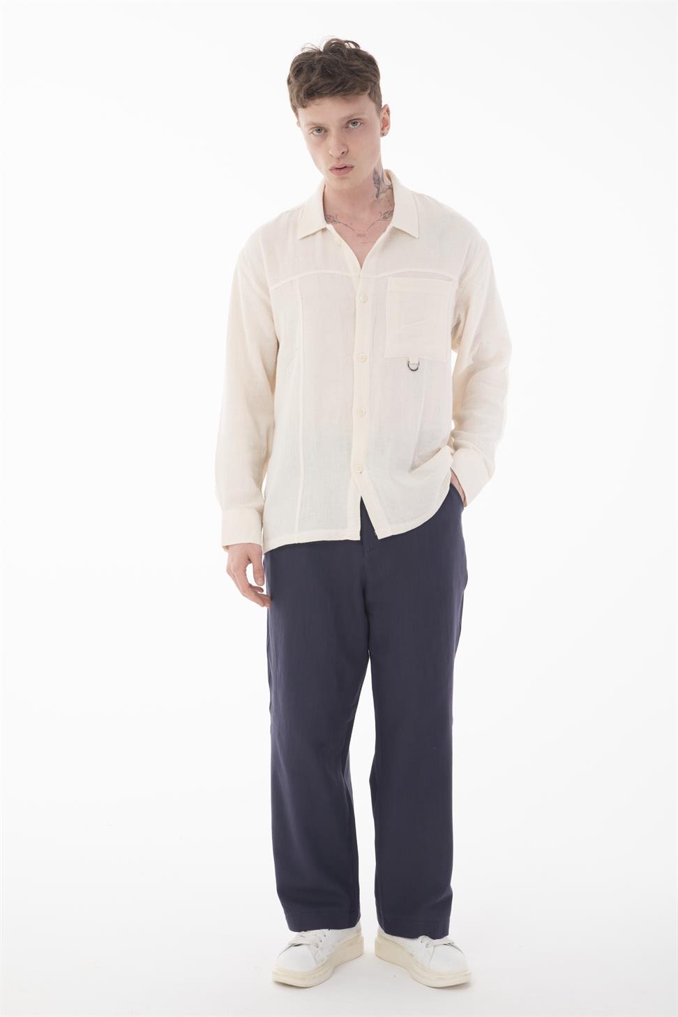 R-6052 Men’s Stand Collar Pocket Detail Long Sleeve Muslin Shirt – Beige