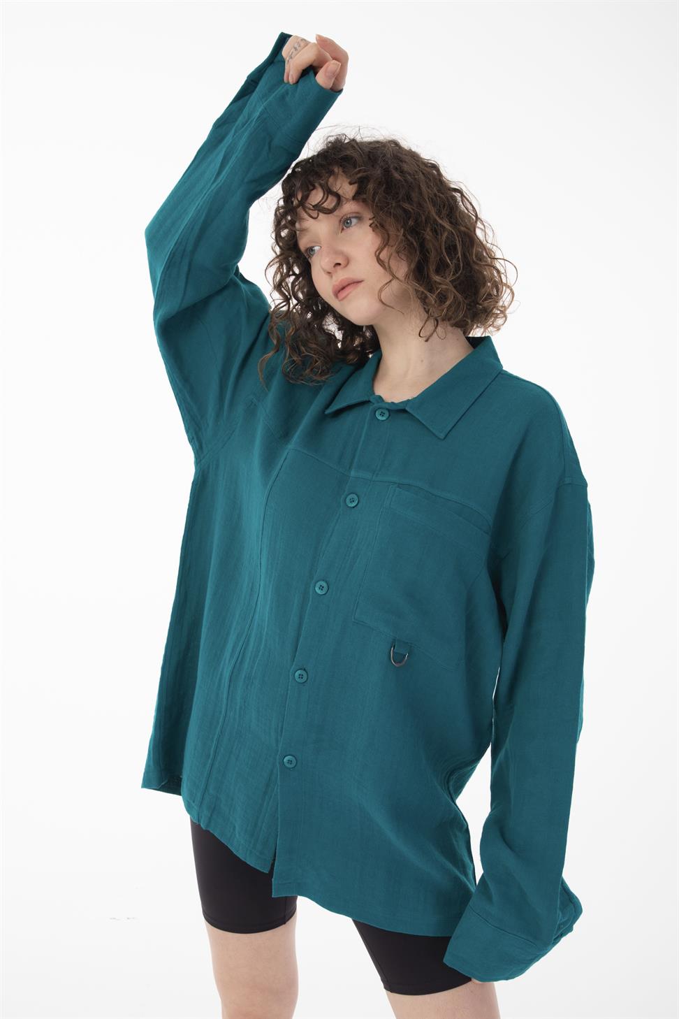 R-6052 Men’s Stand Collar Pocket Detail Long Sleeve Muslin Shirt – Green