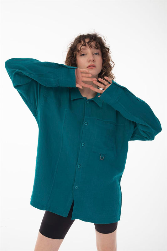 R-6052 Men’s Stand Collar Pocket Detail Long Sleeve Muslin Shirt – Green