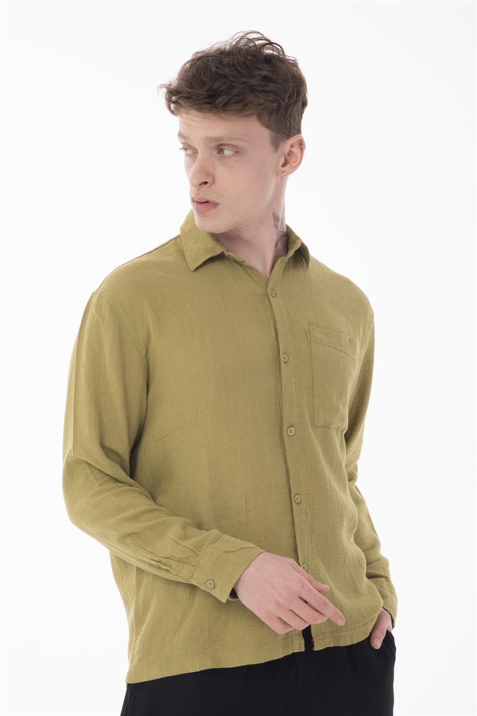 R-6054 Men’s Stand Collar Single Pocket Long Sleeve Etamine Shirt – Green