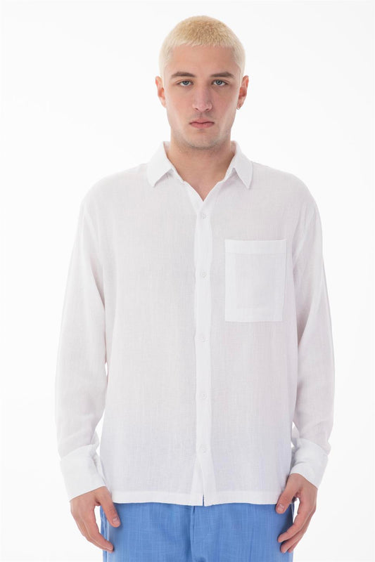 R-6054 Men’s Stand Collar Single Pocket Long Sleeve Etamine Shirt – White