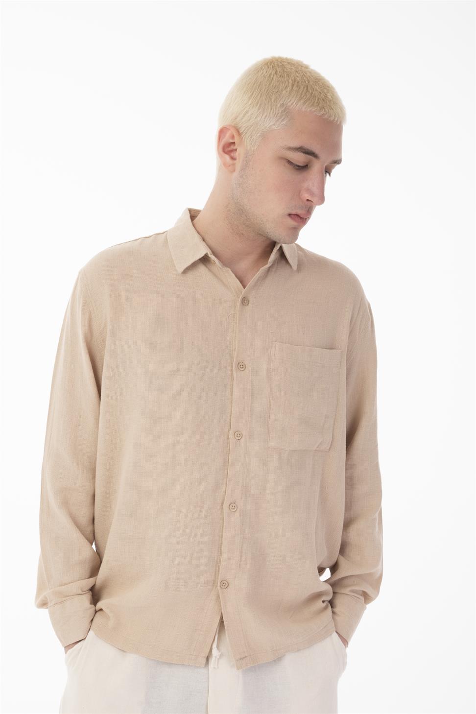 R-6054Men’s Stand Collar Single Pocket Long Sleeve Etamine Shirt – Vizon